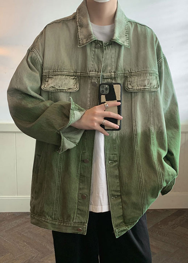 Retro Green Gradient Color Letter Denim Men Coat Spring