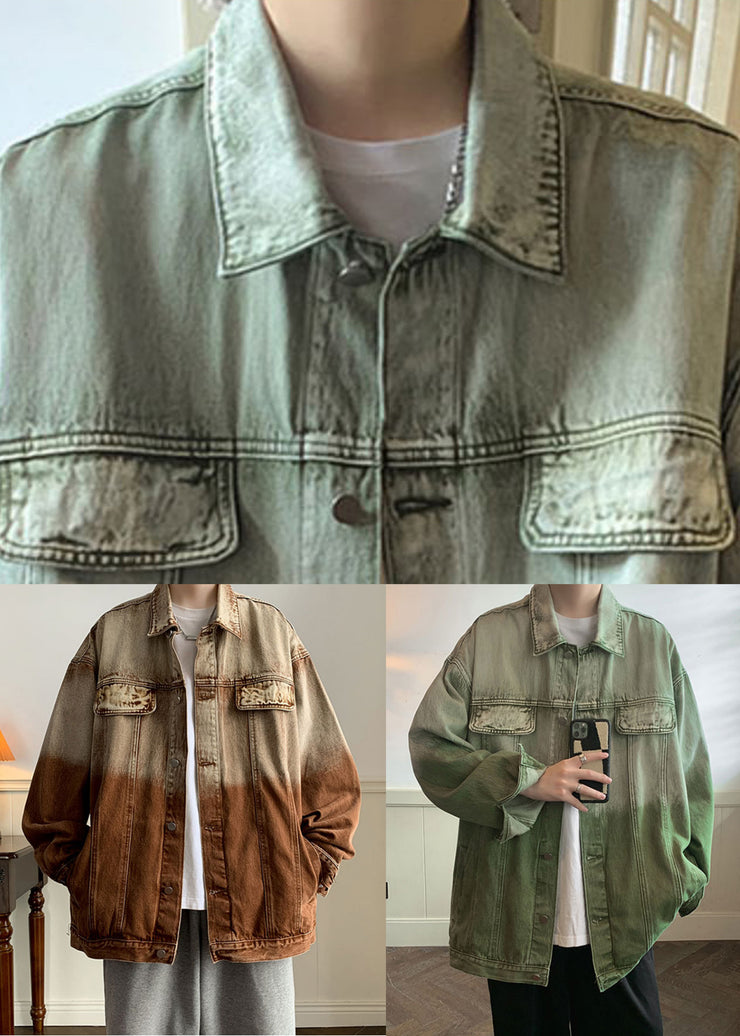 Retro Green Gradient Color Letter Denim Men Coat Spring