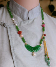Retro Green Jade Agate Pearl Coloured Glaze Tassel Pendant Necklace