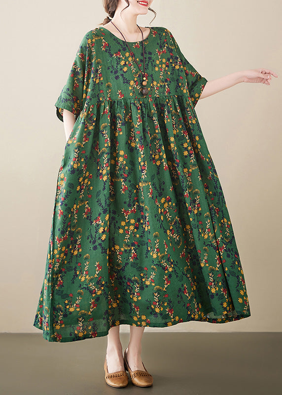 Retro Green O-Neck Print Wrinkled Cotton Maxi Dress Short Sleeve