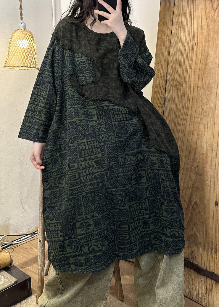 Retro Green Patchwork Print Long Dress Long Sleeve