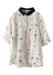 Retro Green Peter Pan Collar Print Button Linen Shirts Half Sleeve