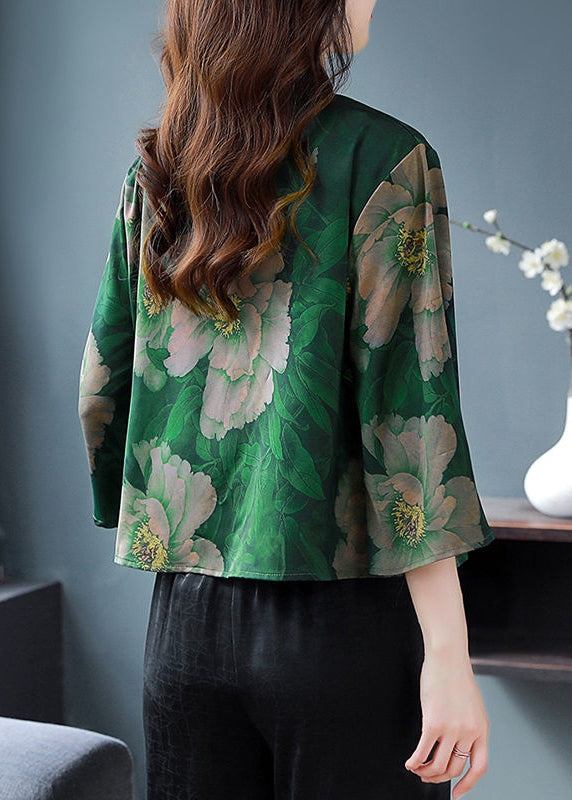 Retro Green Print Chinese Button Silk Blouses Flare Sleeve