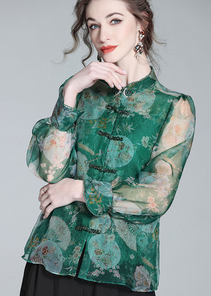 Retro Green Print Patchwork Zircon Chinese Button Silk Blouse Top Spring