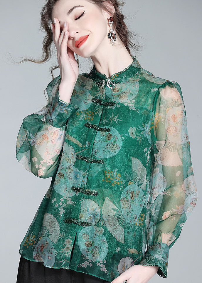 Retro Green Print Patchwork Zircon Chinese Button Silk Blouse Top Spring