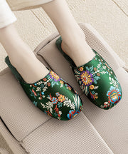 Retro Green Satin Embroidery Slippers Shoes Fuzzy Wool Lined