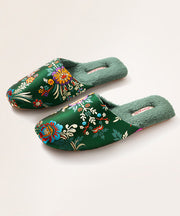 Retro Green Satin Embroidery Slippers Shoes Fuzzy Wool Lined