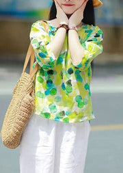 Retro Green Square Collar Print Patchwork Cotton Tops Summer