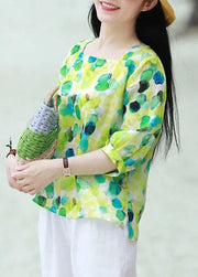 Retro Green Square Collar Print Patchwork Cotton Tops Summer