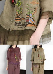 Retro Green Stand Collar Button Embroideried Patchwork Linen Top Summer