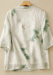 Retro Green Stand Collar Embroidered Linen Shirt Top Summer