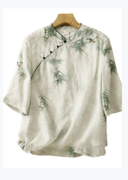 Retro Green Stand Collar Embroidered Linen Shirt Top Summer