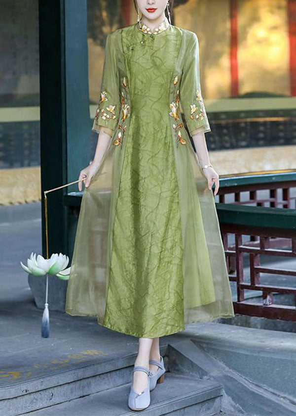 Retro Green Stand Collar Embroideried Patchwork Silk Dresses Spring