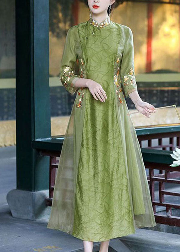 Retro Green Stand Collar Embroideried Patchwork Silk Dresses Spring