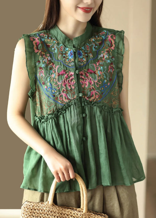 Retro Green Stand Collar Patchwork Ramie Top Sleeveless