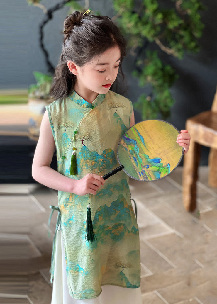 Retro Green Stand Collar Print Tie Waist Kids Maxi Dress Short Sleeve