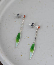 Retro Green Sterling Silver Agate Cloisonne Enamel Bamboo Leaf Drop Earrings