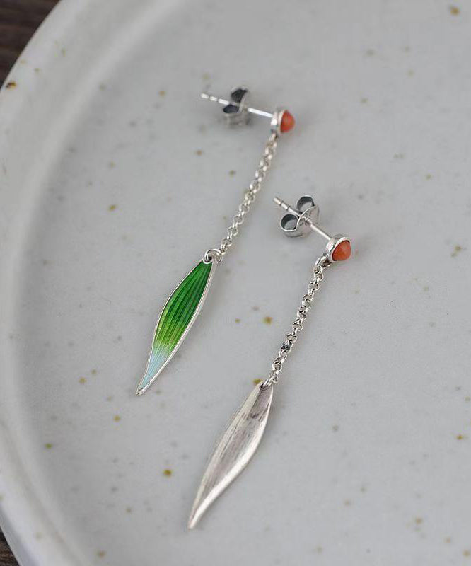 Retro Green Sterling Silver Agate Cloisonne Enamel Bamboo Leaf Drop Earrings