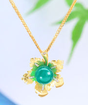 Retro Green Sterling Silver Inlaid Jade Floral Pendant Necklace