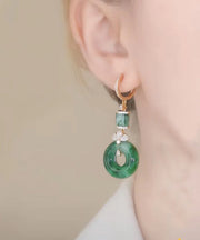 Retro Green Sterling Silver Jade Ping Buckle Zircon Drop Earrings