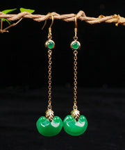 Retro Green Sterling Silver Overgild Jade Drop Earrings