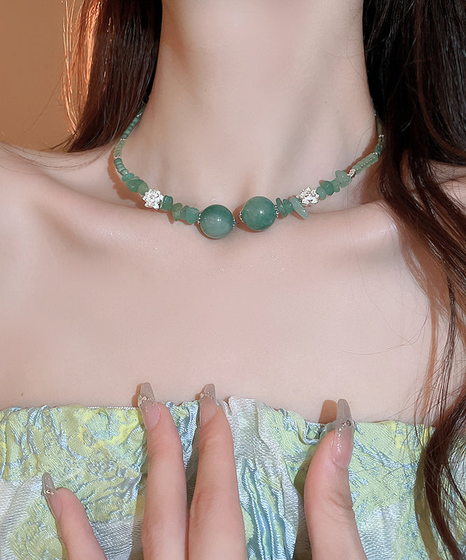 Retro Green Sterling Silver Overgild Jade Zircon Crystal Beading Gratuated Bead Necklace