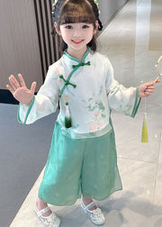 Retro Green Tasseled Chinese Button Patchwork Chiffon Baby Girls Two Pieces Set Long Sleeve