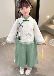 Retro Green Tasseled Chinese Button Patchwork Chiffon Baby Girls Two Pieces Set Long Sleeve