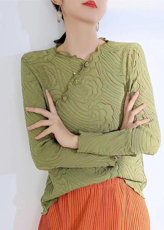 Retro Green V Neck Ruffled Wrinkled Button Top Long Sleeve