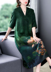 Retro Green V Neck Tasseled Print Patchwork Silk Dress Summer