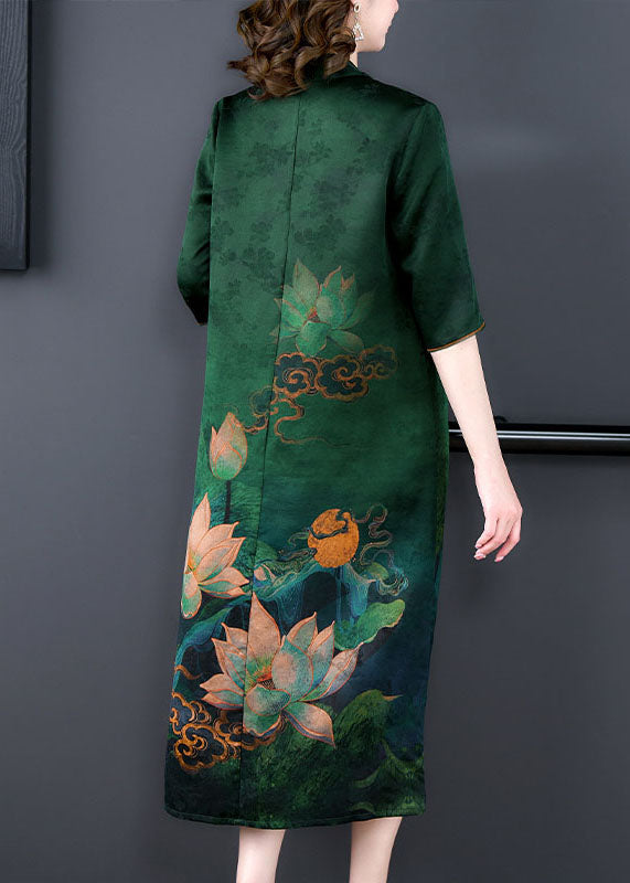 Retro Green V Neck Tasseled Print Patchwork Silk Dress Summer