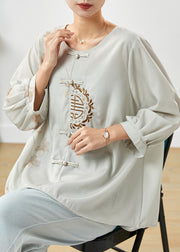 Retro Grey Embroidered Chinese Button Linen Top Summer