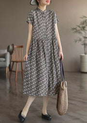 Retro Grey Stand Collar Print Long Dresses Summer