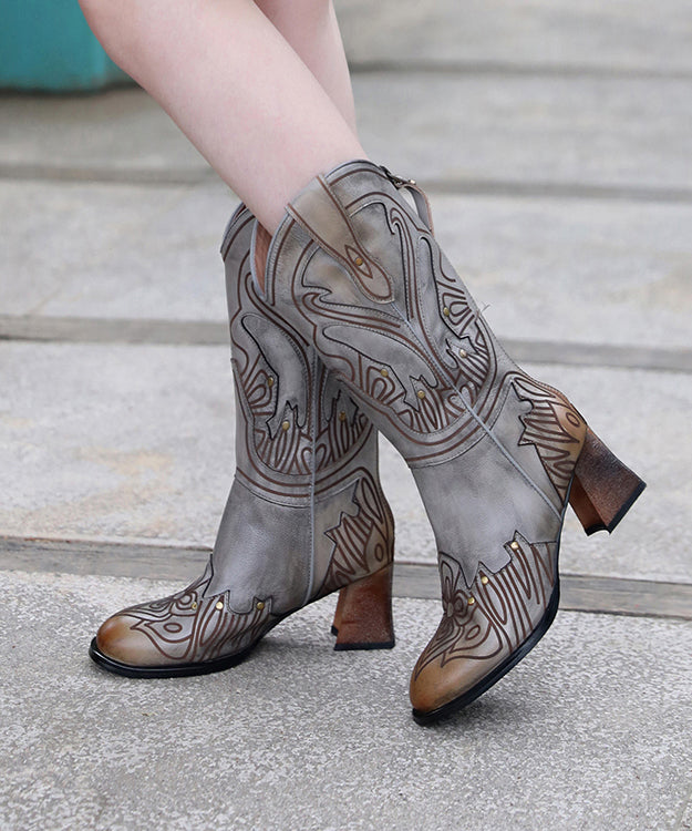 Retro Handmade Embossed Coffee Chunky Boots Cowhide Leather