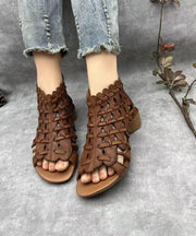 Retro Hollow Out Chunky Sandals Brown Cowhide Leather