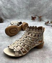 Retro Hollow Out Chunky Sandals Brown Cowhide Leather