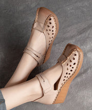 Retro Hollow Out Splicing Wedge Sandals Brown Cowhide Leather