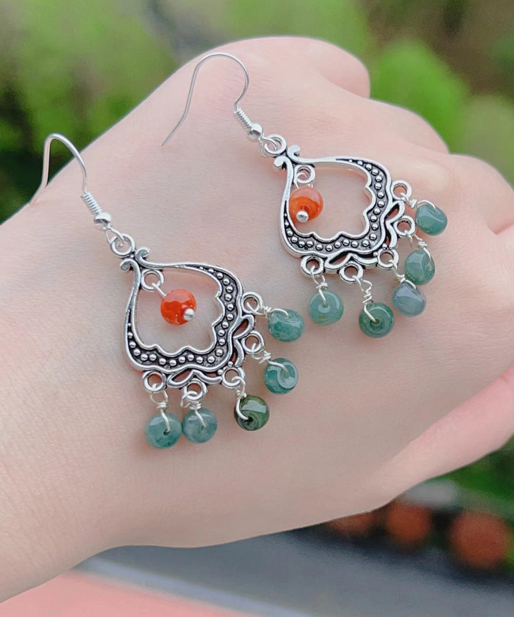 Retro Jade Tassel Hollow Out Silver Drop Earrings