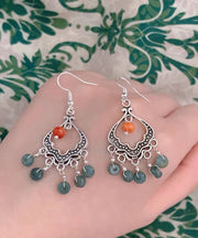 Retro Jade Tassel Hollow Out Silver Drop Earrings