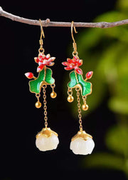 Retro Jade Tassel Lotus Metal Drop Earrings