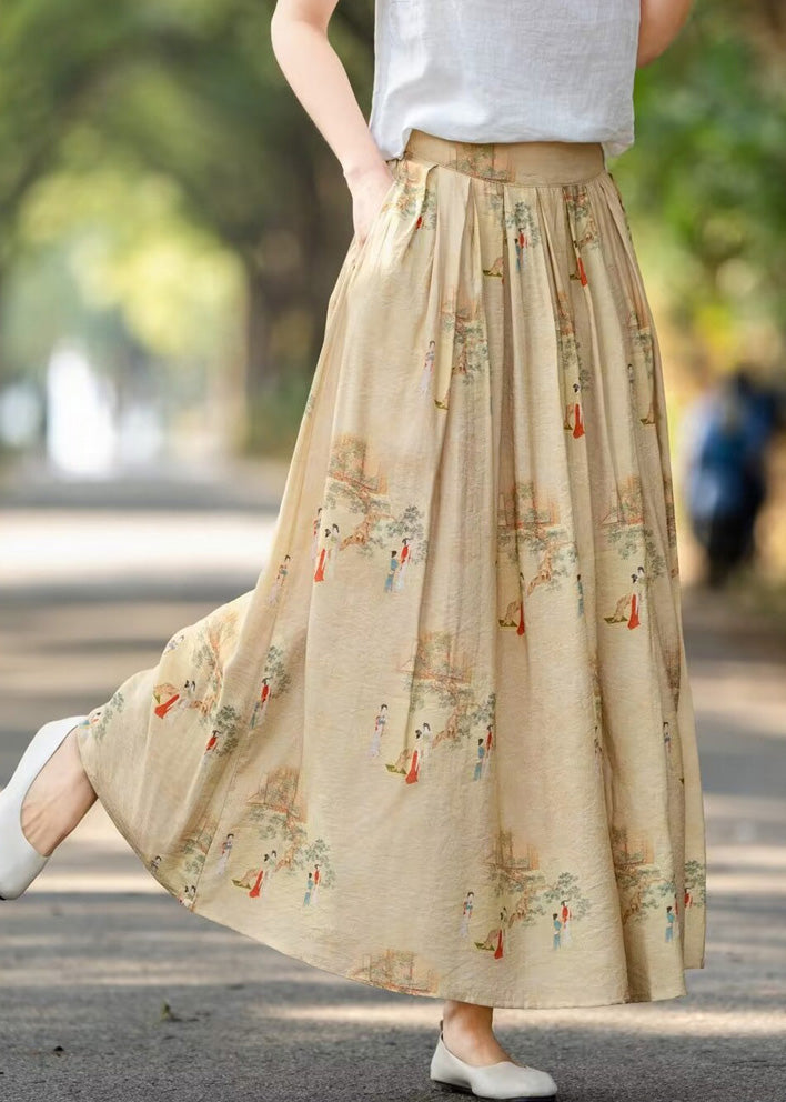 Retro Khaki Pockets Print Wrinkled High Waist Cotton Skirts Summer