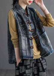 Retro Light Blue Patchwork Chinese Button Denim Vest Sleeveless