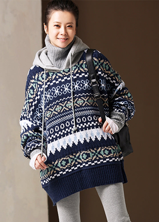 Retro Light Blue Turtleneck Drawstring Print Fake Two Pieces Cotton Knit Sweater Winter