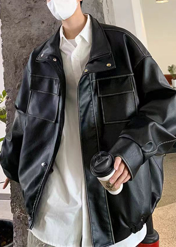 Retro Light Coffee Zip Up Pockets Faux Leather Men Coat Spring