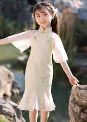 Retro Light Green Print Ruffled Patchwork Kids Long Dress Summer