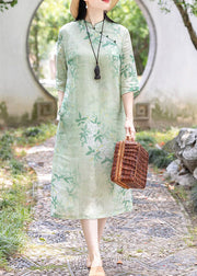 Retro Light Green Stand Collar Print Linen Dress Half Sleeve