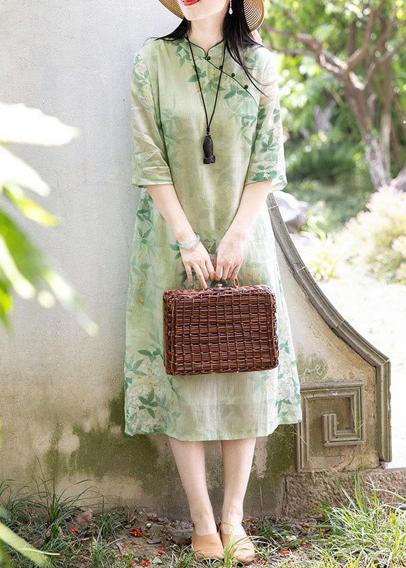 Retro Light Green Stand Collar Print Linen Dress Half Sleeve