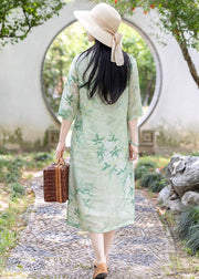 Retro Light Green Stand Collar Print Linen Dress Half Sleeve