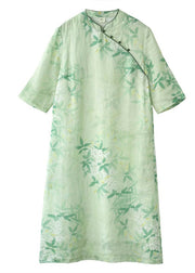 Retro Light Green Stand Collar Print Linen Dress Half Sleeve