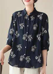 Retro Navy Blue Peter Pan Collar Print Hollow Out Button Cotton Shirt Half Sleeve